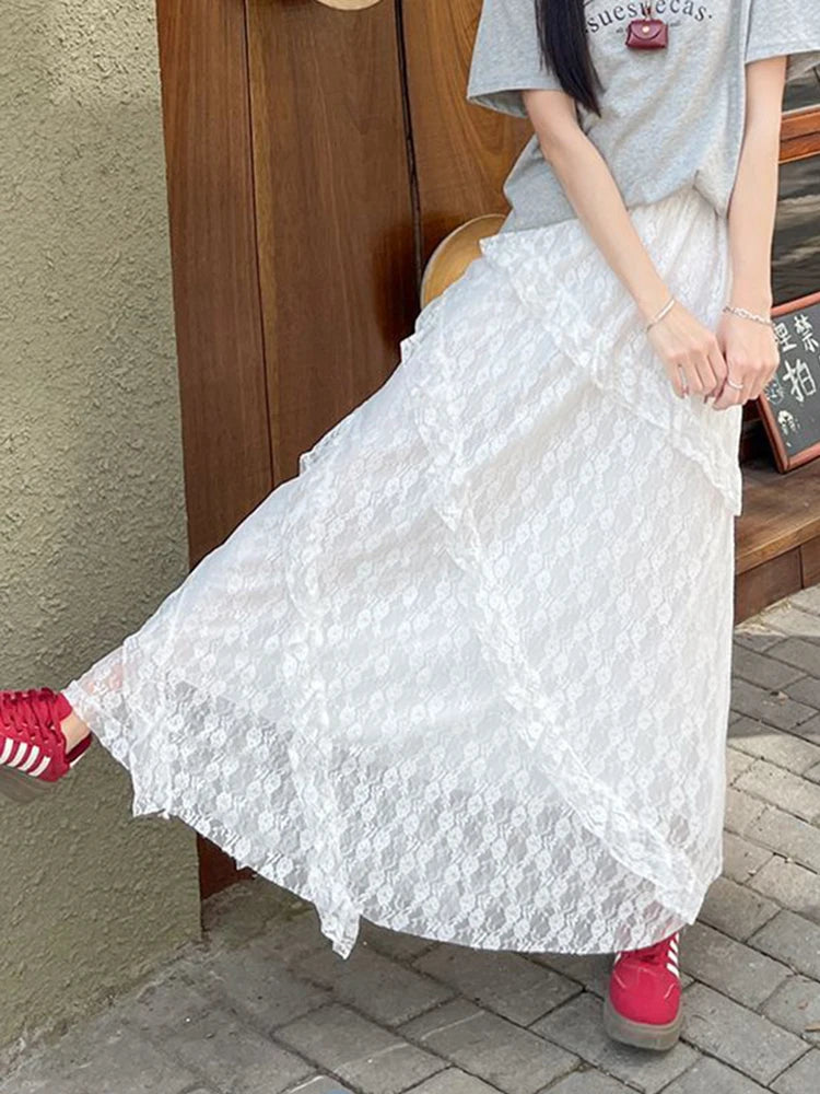 Lunivop  White Lace Mesh Long Skirt Women Sweet Preppy Style Elegant High Waist Skirt Vintage Casual Patchwork Loose Cute Long Skirt