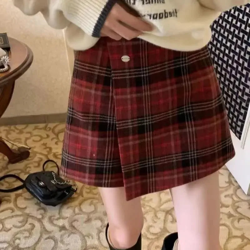 Lunivop Preppy Style Plaid Skirt Women Sweet Vintage Red Short Skirt Korean Style Elegant  Autumn Winter Fashion A-line Skirts
