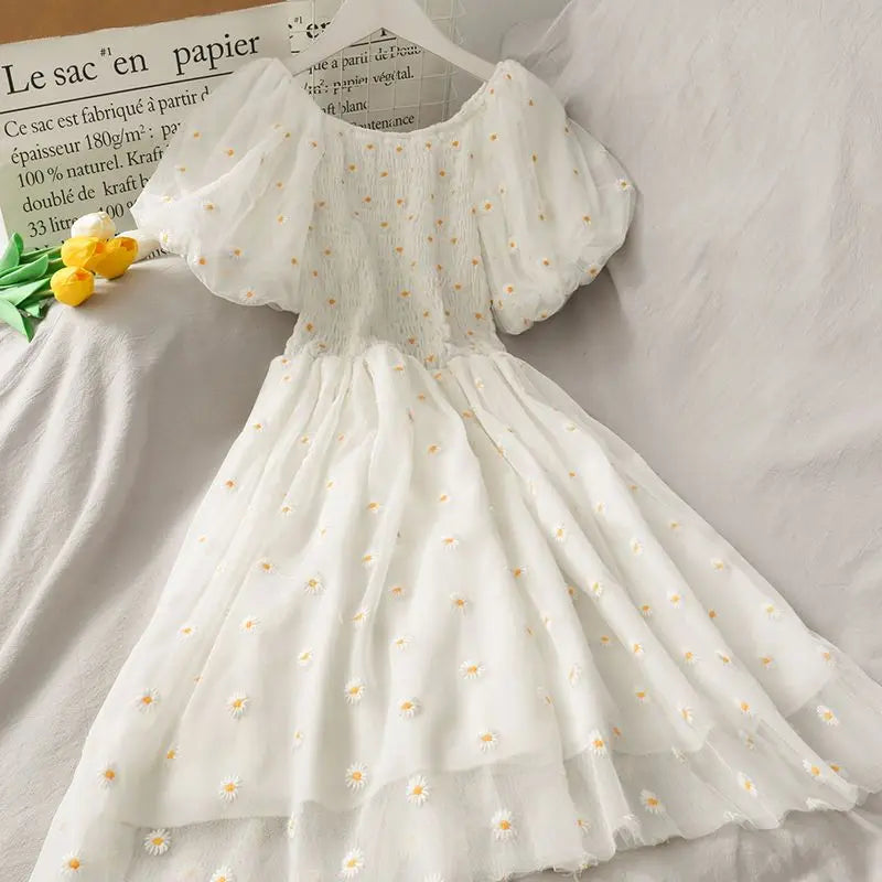 Lunivop  Sweet Fresh Folds Lolita Summer Patchwork Slash Neck Printing Gauze Fashion Slim Elegant Comfortable Puff Sleeve Dresses  the dress black dress white dress