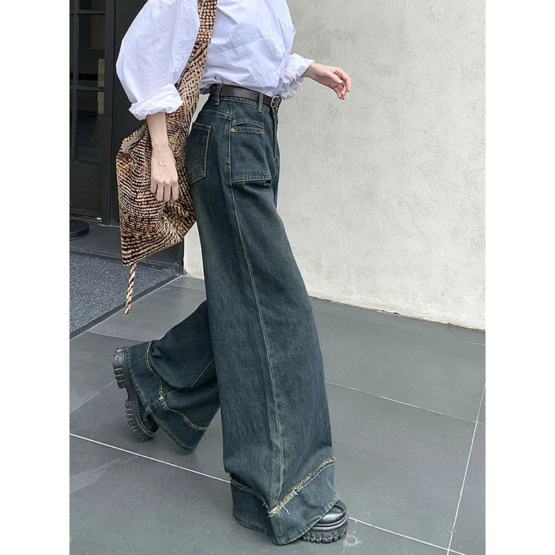 Lunivop American Style High-waisted Wide-leg Jeans Blue Pocket Design Unique Straight-leg Pants For Women Fashion Wide-leg Cowboy Pants