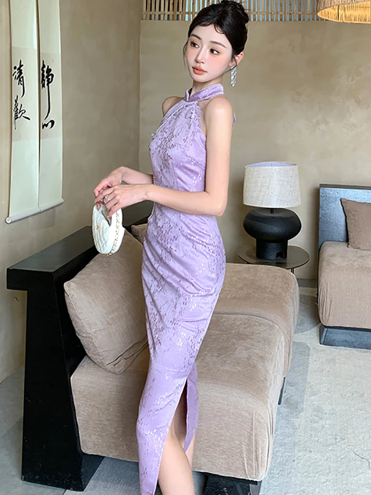 Lunivop  Women Purple Jacquard Diamonds Luxury Long Dress Summer Fashion Chic Neck-mounted Dress Korean Vintage Elegant Party Dress