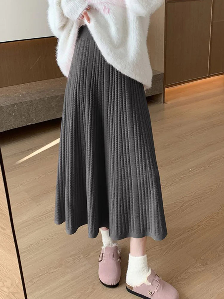 Lunivop Sweet Vintage Knitted Long Skirts Women Preppy Style High Waist Loose A Line Skirts Fall Winter Retro Simple Elegant Long Skirts
