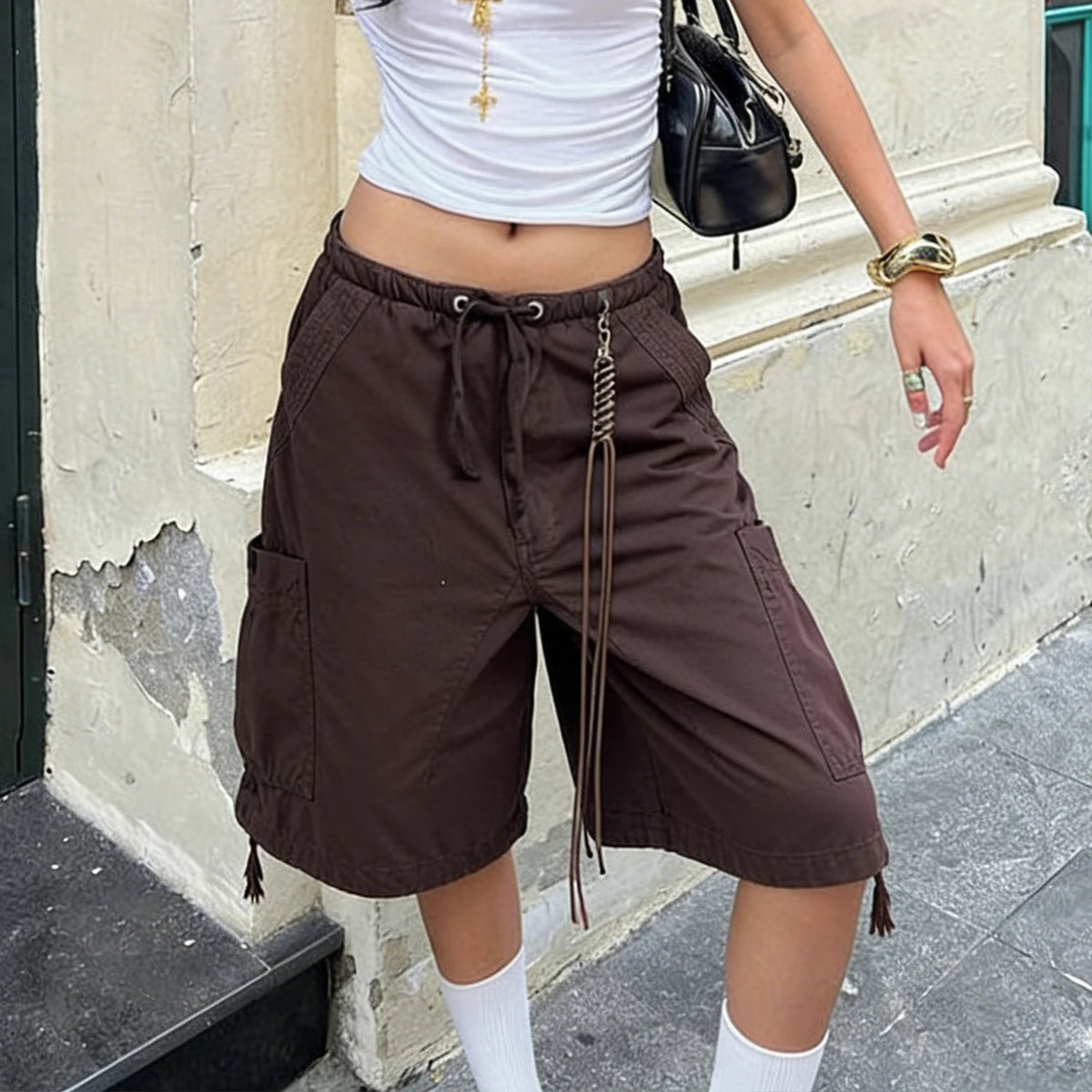 Lunivop  Women Y2K Baggy Cargo Shorts Knee Denim Length Drawstring Waist Multi Pocket Casual Streetwear Summer Loose Fit Jorts
