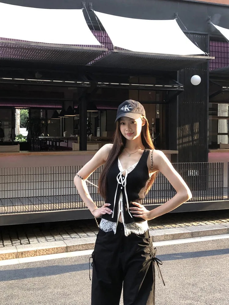 Lunivop  Summer New Sleeveless Tank Top Lace Patchwork Fake Two Piece T-shirts Fashion Sweet All-match Black Vest for Women