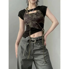 Lunivop  Vintage Camouflage Printed Mesh Halter Camisole Women+ Summer New Slim Fit Irregular Black T-shirts Y2k Grunge Two Piece Sets