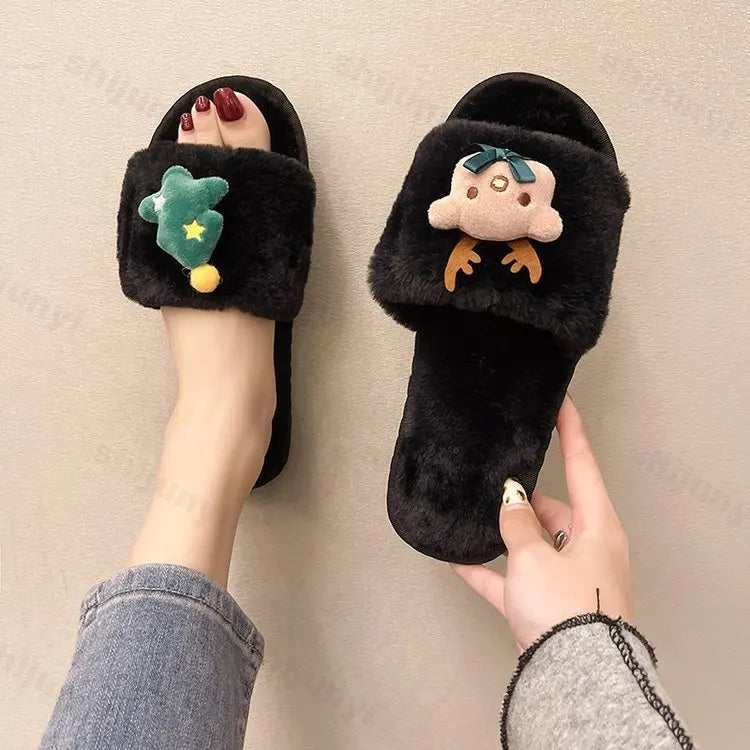 Lunivop 2025 New Christmas Elk Cotton Slippers for Women Men Winter Cute Cartoon Home Non Slip Couple Floor Slides Slip-on Plush Shoes