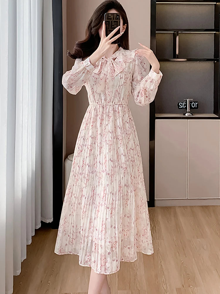 Lunivop  Pink Floral Chiffon Casual Beach Long Dress Women Spring Elegant Chic Bow Y2k Dress Korean Fashion Bodycon Evening Dresses
