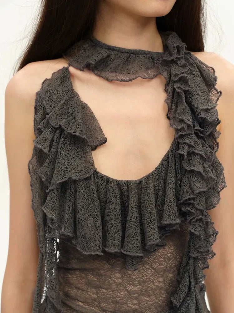 Lunivop  Heavy Lace Ruffles Patchwork Halter Vest for Women See Through Mesh Gray Tank Top 2025 Summer New Slim Fit Tops Mujer