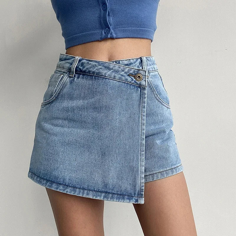 Lunivop Elegant Slimming High-waisted A- line Denim Shorts Women's Summer New 2023 Light Color Two-piece Illusion Design Slim Fit