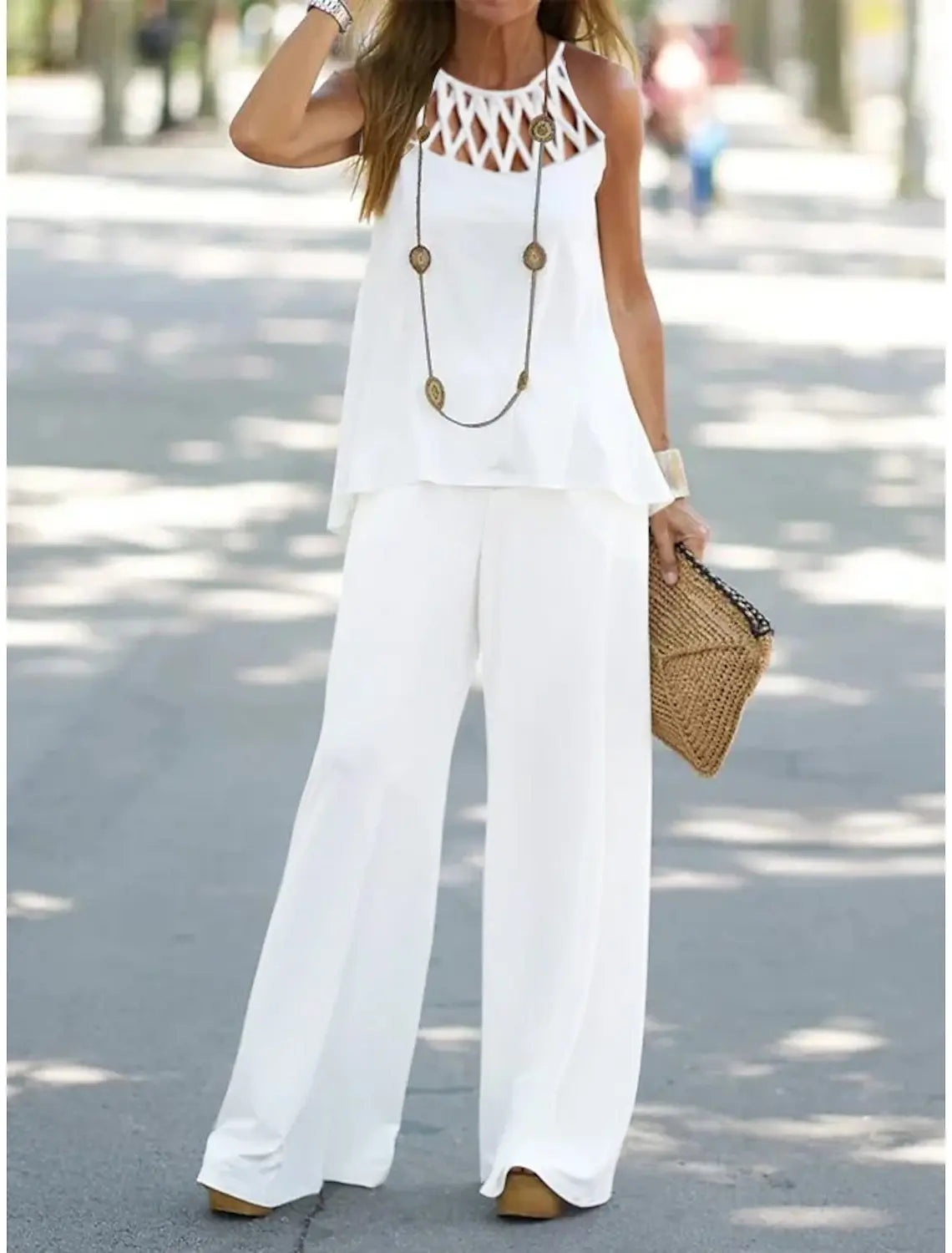 Lunivop  Women Sleeveless Shirt Pants Suit Summer O-Neck Hole Tank Top+Wide Leg Trousers Summer Casual Loose Two Piece Set