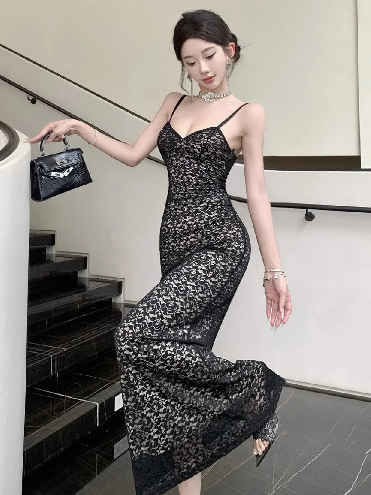 Lunivop  Woman Dress Sexy Elegant Sleeveless V Neck Lace Patchwork Backless Slim Sweet Temperament Party Dresses Female Chic