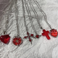 Lunivop Simple Red Glass Cross Cherry Strawberry Heart Pendant Necklace for Women Stainless Steel Jewelry Accessories