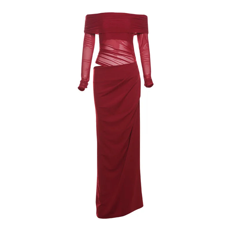 Lunivop Off Shoulder Long Dresses For Women See Through Mesh Spliced Black Dinner Dress Sexy Elegant Birthday Outfits