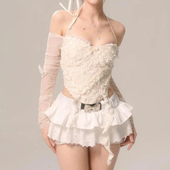 Lunivop  Y2k Aesthetic Lace Patchwork Mini Skirts Summer Streetwear Grunge Bow Fairy Faldas Women Sweet Cute Ruffled High Waist Skirt