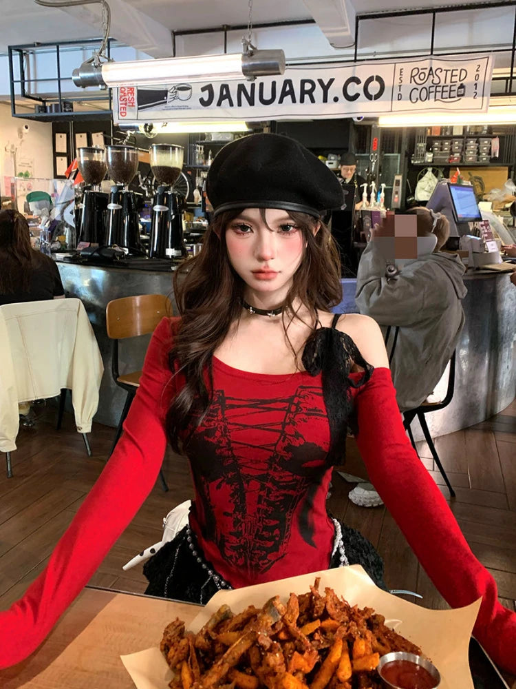 Lunivop Sexy Lace Bandage Patchwork Crop Tops Women Y2k Aesthetic Sloping Irregular T-shirt Harajuku Grunge Printing Clothes Streetwear