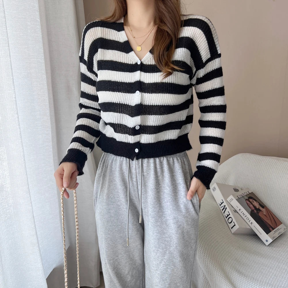 Lunivop Women Striped Knit Cardigan Button Front Long Sleeve V-neck Crop Sweater Jacket Comfy Knitwear French Chic Autumn Winter Outfit