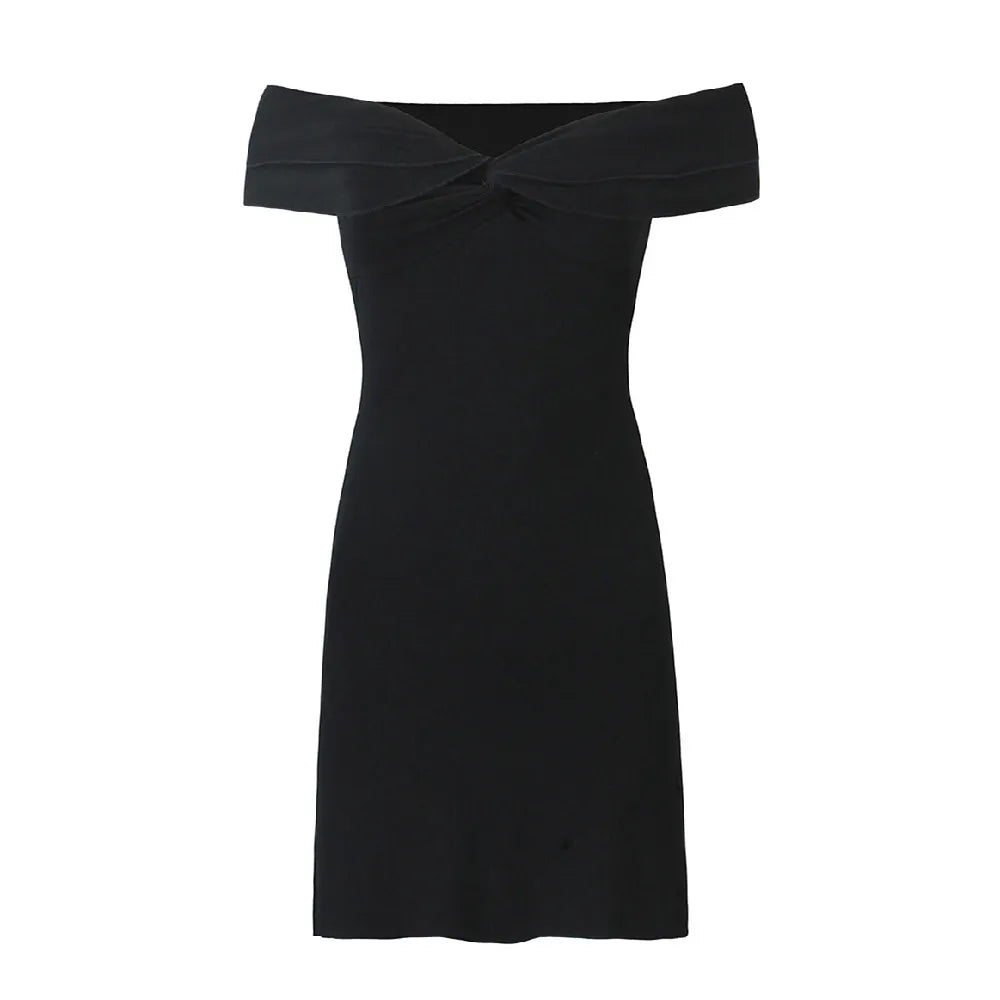 Lunivop  Sexy Ruched Bow Chest Off Shoulder Mini Dress Women Short Sleeve Package Hips Mini Robe Party Apricot Black
