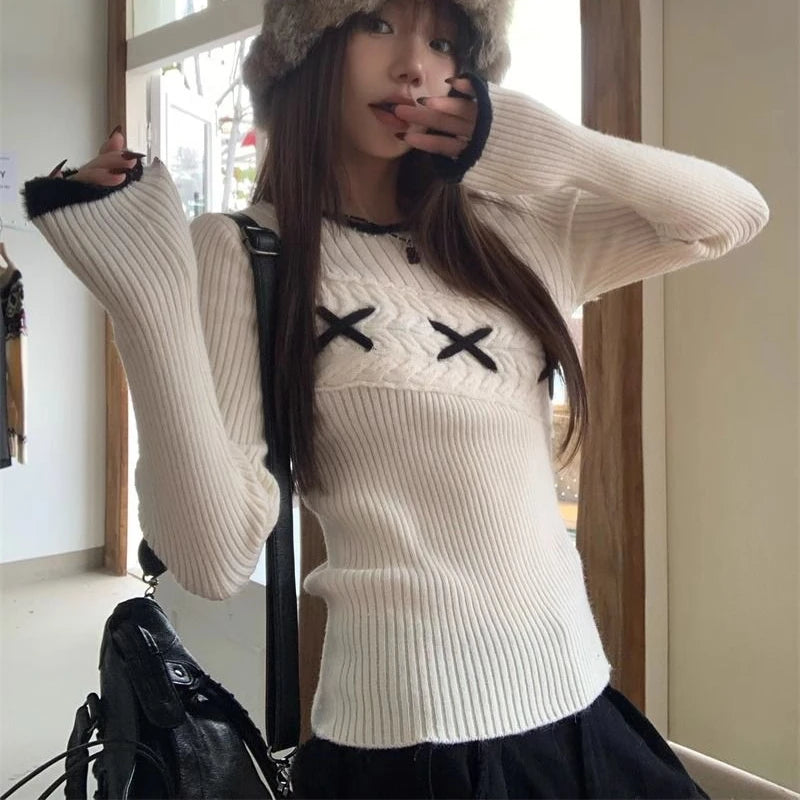 Lunivop Korean Style Elegant Sweaters Sweet Vintage Long Sleeve Knitted Pullover Autumn Winter Patchwork Sweaters Aesthetics