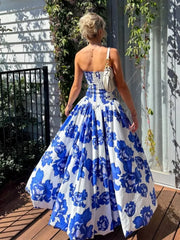 Lunivop  Women Fashion Strapless Pleated Print Maxi Dress Elegant Puff Hem High Waist Long Dresses Summer New Sexy Evening Party Robes