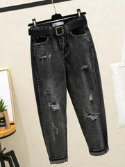 Lunivop  High Waist Loose Fit Denim Jeans Women's Student Dad Style Harajuku Jeans Tear Hole Straight Leg Ankle-Length Autumn Jeans