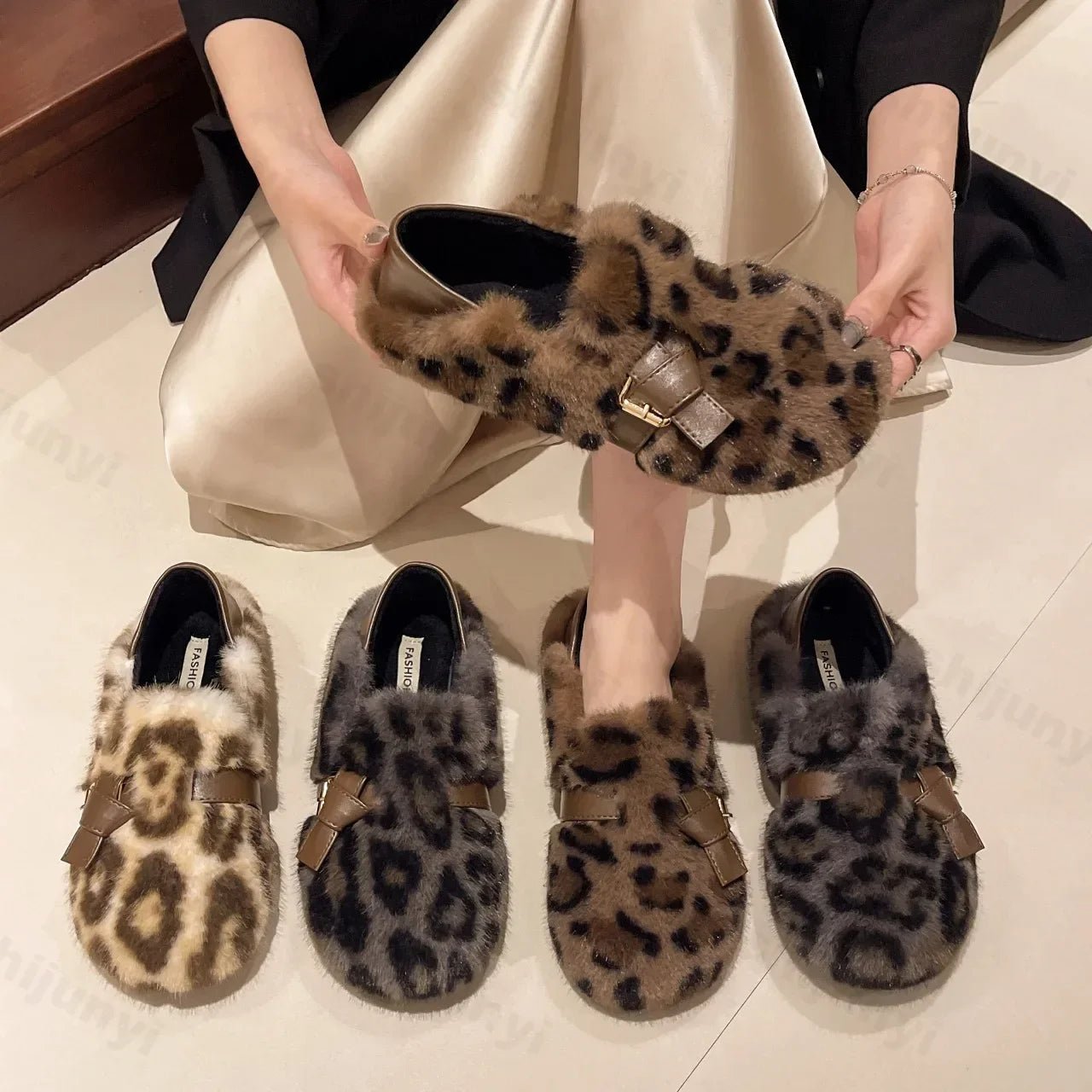 Lunivop Fashion Leopard Fur Ballet Flats Woman Curly Cotton Buckle Strap Mary Jane Shoes Ladies Winter Warm Plush Shallow Loafers