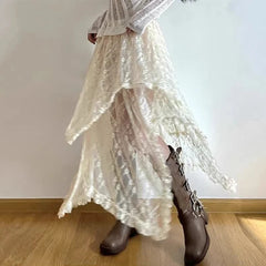 Lunivop  Chic Irregular A-line Skirts Fashion Holiday Skirts Women Vintage Ruffles Floral Kintted Lace Streetwear TeenGirl Y2K Skirt