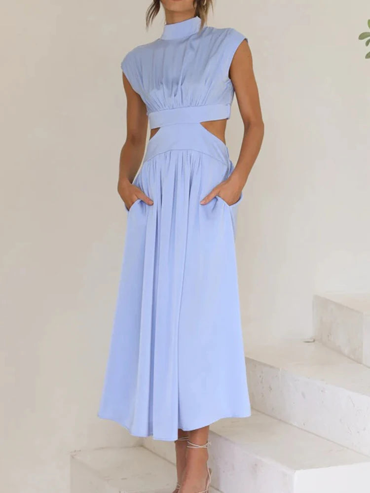 Lunivop  Women Beach Maxi Long hollow out Dress Casual Fashion Summer Sexy V-neck Waist Midi Long Dress Vintage A-line Sundress vestidos