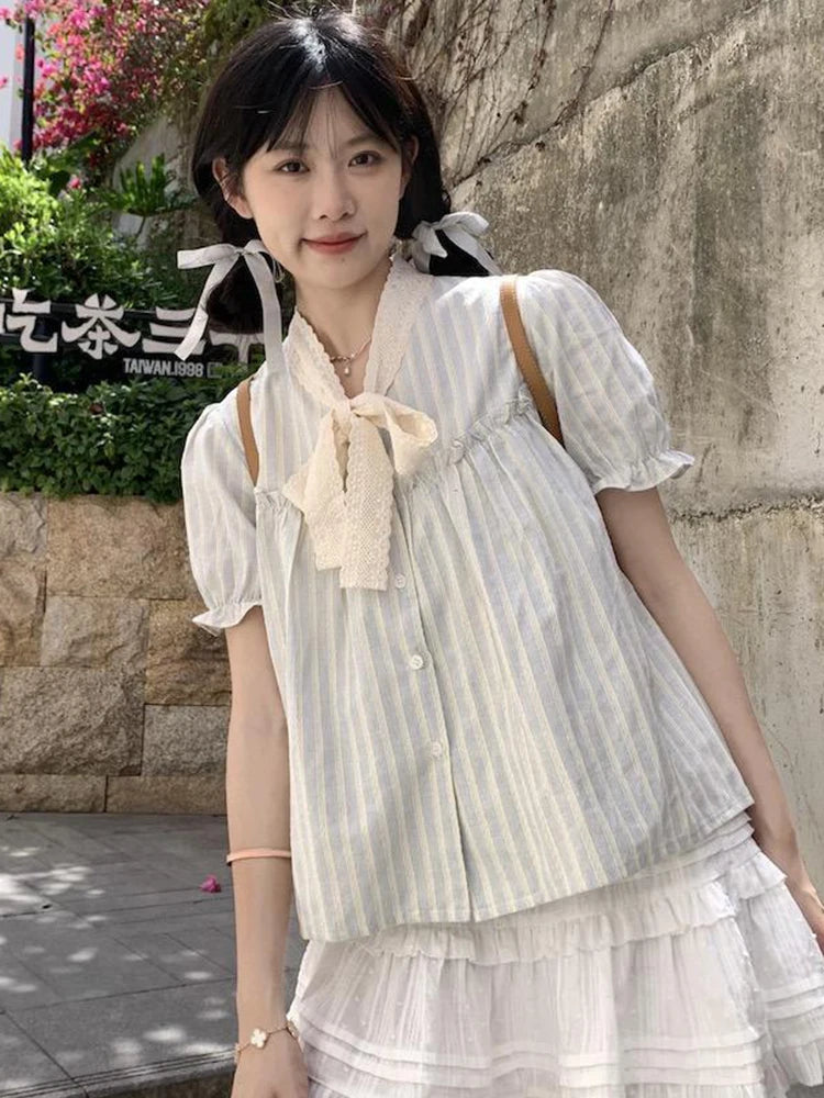 Lunivop Bow Lace Striped Shirt Women Sweet Puffy Sleeve Cute Blouse Preppy Style Loose Summer Casual Female Korean Patchwork Tops