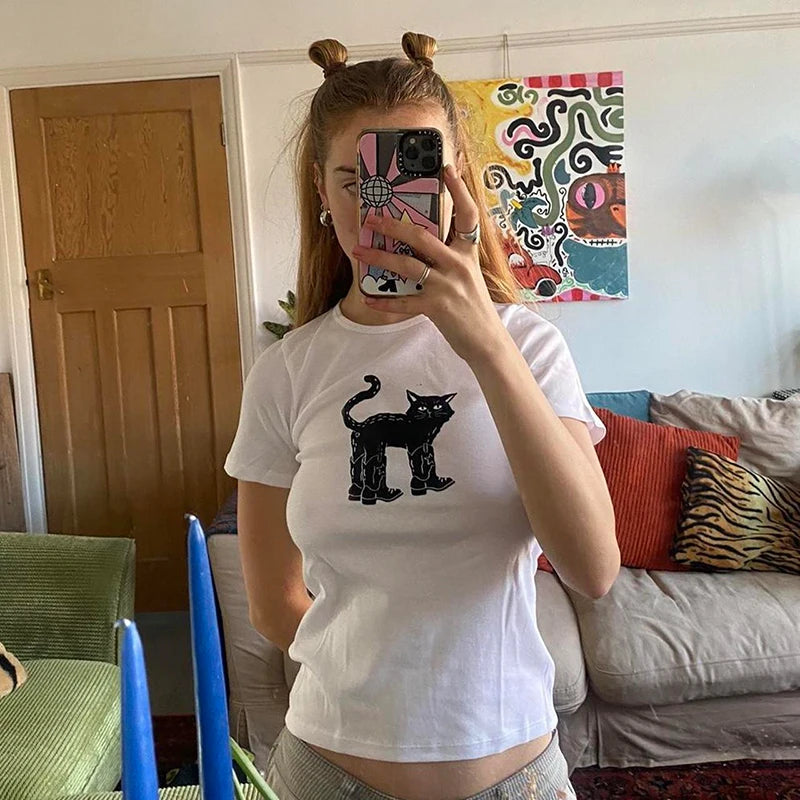 Lunivop Women T-Shirt Funny black Cat Print Slim Graphic Gothic Summer Korean Fashion Cute Baby Tee Harajuku Vintage Women's Streetwear