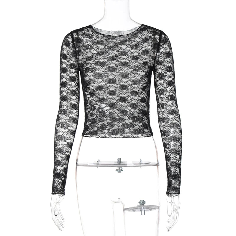 Lunivop Lace See Through O Neck Long Sleeve Women'S Tshirts Tops Slim Summer Solid Y2K Streetwear Sexy Casual Clothes