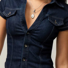 Lunivop Retro High Waisted Tops Fashion Womens Sexy Lapel Single Breasted Cardigan Denim Tops Hot Girls Y2k Party T-Shirt Womens