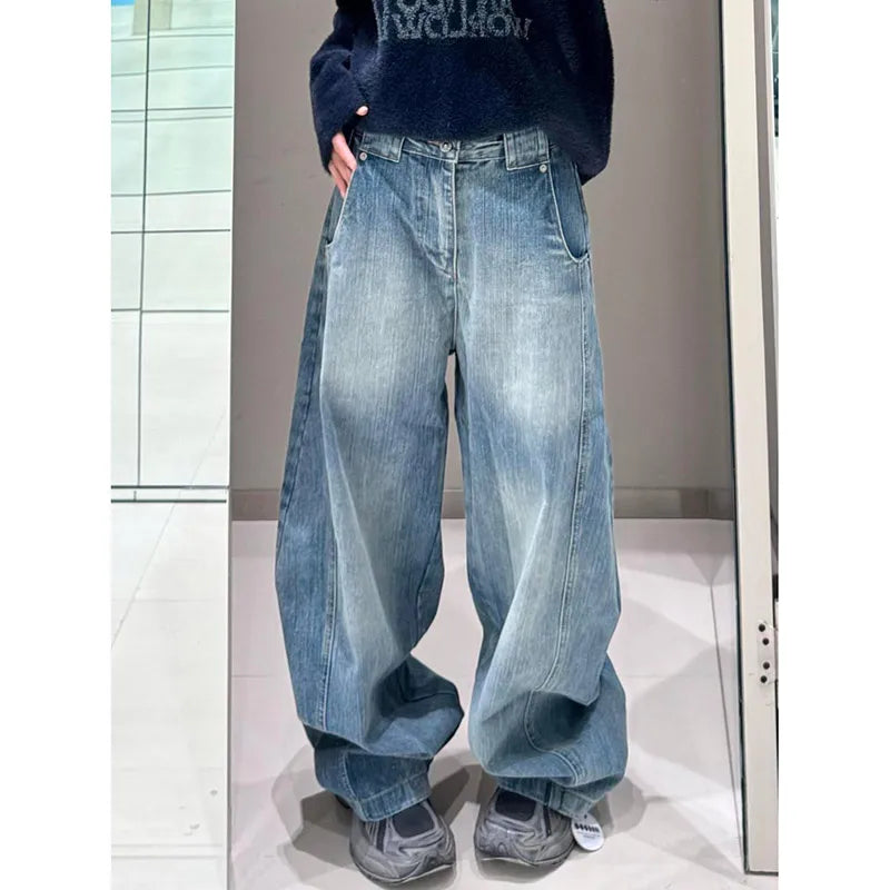 Lunivop Blue Womens Jeans High Waist Vintage Straight Baggy Denim Pants Streetwear American Style Fashion Casual Wide Leg Denim Trouser