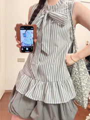 Lunivop  Summer New Elegant Striped Halter Sleeveless Shirts Women+ Y2k Fashion High Waist Floral Bud Skirts Two Piece Sets