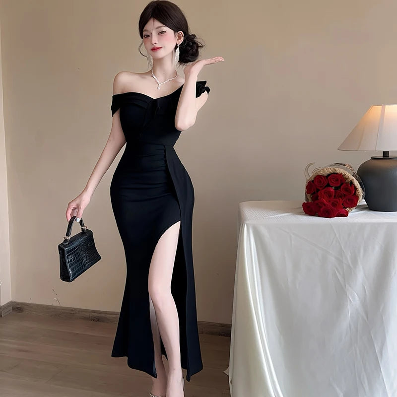 Lunivop  Women Red Off Shoulder Ruffled Sexy Slong Long Dress Summer Elegant Luxury Slit Dress Korean Vintage Festival Evening Dress