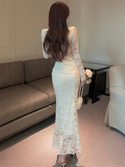 Lunivop  Autumn Elegant Cheongsam Dress for Women Sexy Solid Stand Collar Long Sleevs Evening Party Prom Dresses Female One Piece Vestido