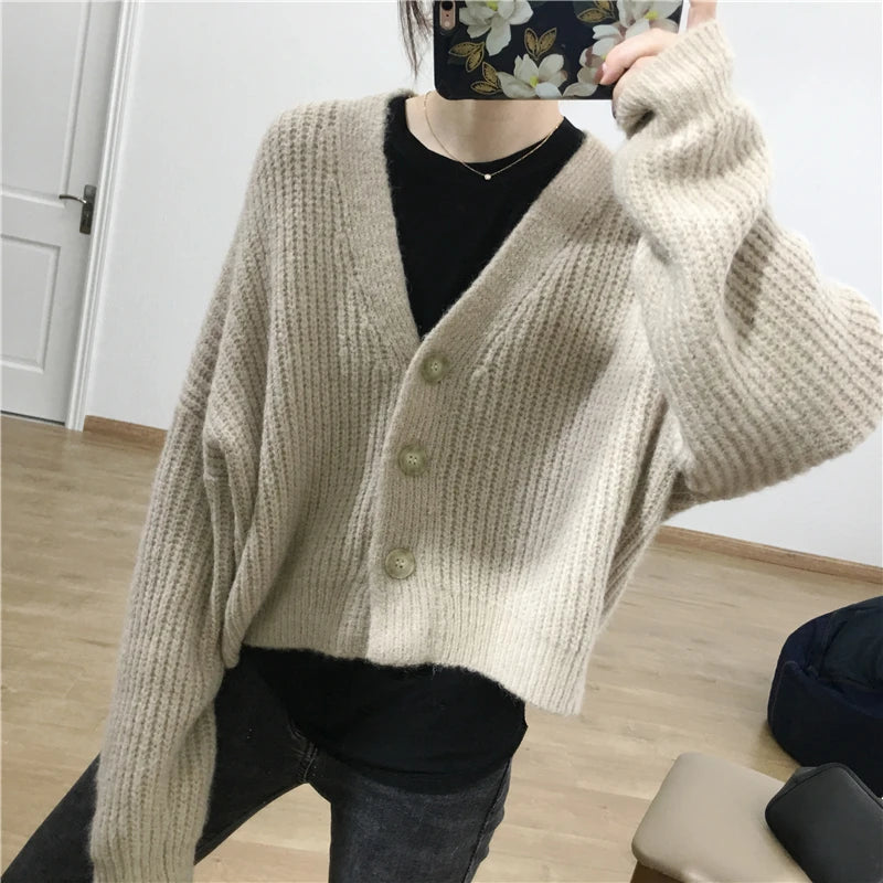 Lunivop Cardigan Women Cocoon Knitted Long Sleeve V-neck Crop Sweater Jacket Fall Winter 2025 Casual Cozy Outfit