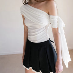Lunivop   Solid Sexy Off Shoulder Casual Slash Neck Bow Pleated Slim Fit Crop Tops Y2K Spring Summer New Daily Cute Fashion Vest