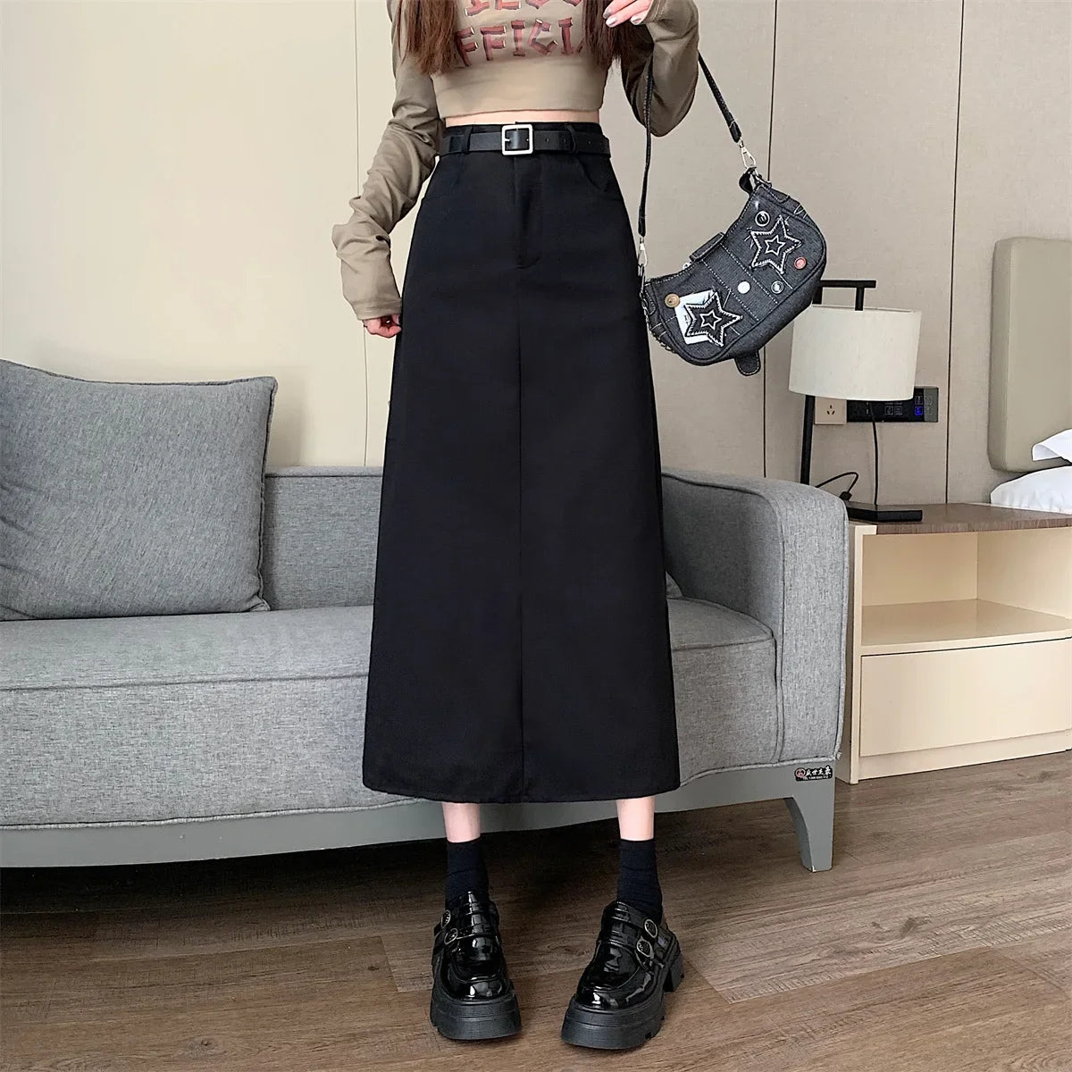 Lunivop High-waisted Slimming Skirt Greysuit Women's Lightweight Casual A- line Medium-length Dress