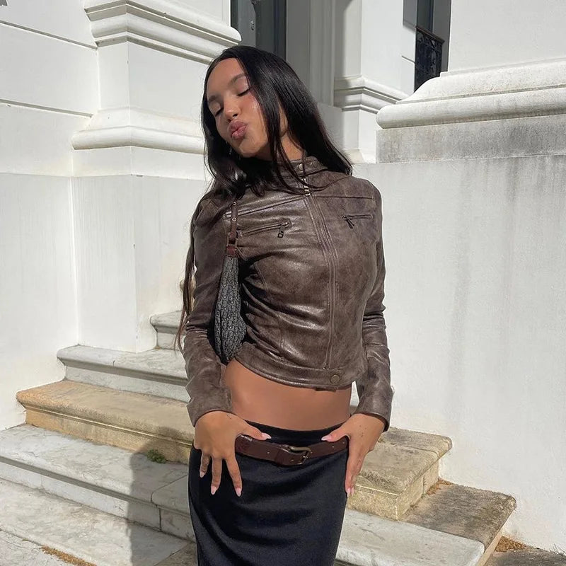 Lunivop Fashion Leather Slim Long Sleeve Zipper Short Coat Casual Streetwear Daily Outfit Jacket Vacation Y2K Women Clothing