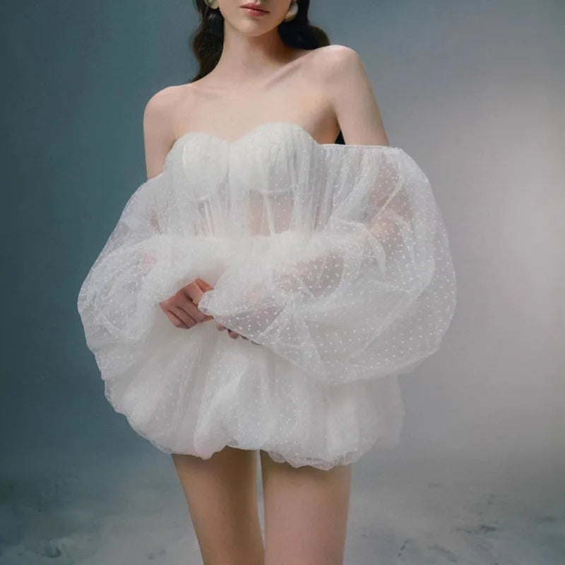 Lunivop Fashion Women Dress Puff Sleeve Slash Neck Solid Color Lace Female Summer Party Dresses New Tide