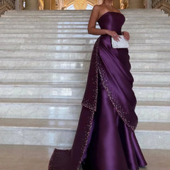 Lunivop  Grape Purple Evening Dress Customized Strapless Pleated Satin Sequin Mermaid Prom Gowns Lace-up Back Party Dress