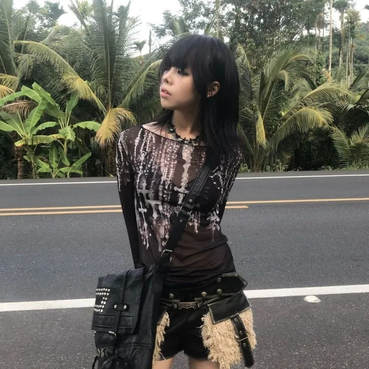 Lunivop  Street Punk Gothic Dark Academia Clothes Slash Neck Mesh Long Sleeve Tops Mujer 2025 Summer New Print T-shirt for Women