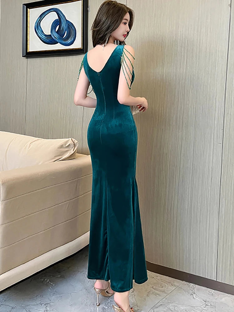 Lunivop  Spring Autumn Green Velvet Chic Tassel Sling Sexy Long Dress Women Elegant Ruffle Slit Dress Korean Fashion Bodycon Dresses