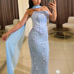 Lunivop  Lilac Evening Dress Strapless Corset Lace Applique Straight Evening Gowns with Scarf Elegant Long Formal Party Gown
