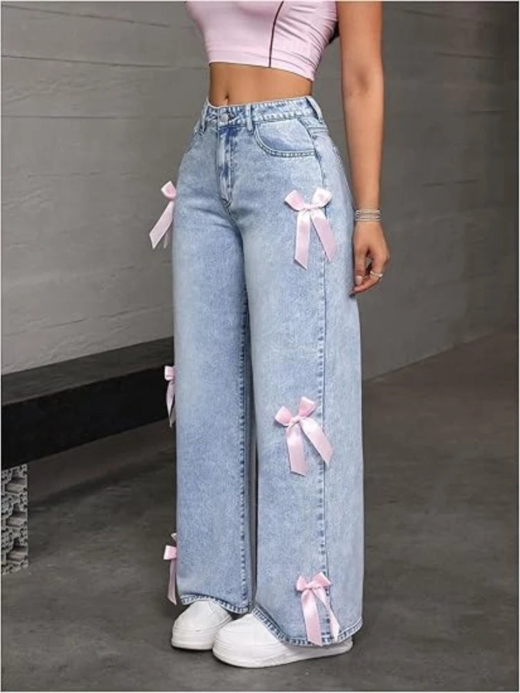 Lunivop  Y2k Wide Leg Pants Women's Bow Washed High Waist Jeans Streetwear Denims Distressed Vintage Straight Ankle Length Trousers