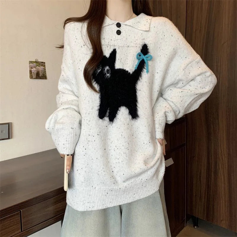 Lunivop Cute Cartoon Bow Sweaters Women Loose Vintage Long Sleeve Kawaii Knitted Jumper Japan Casual Preppy Style Retro Pullovers