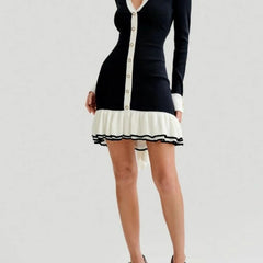 Lunivop Elegant Black Knitted Mini Dresses Women Sweet V-neck Long Sleeve Party Dresses Sexy Bow Retro Ruffle Knitwear Dresses