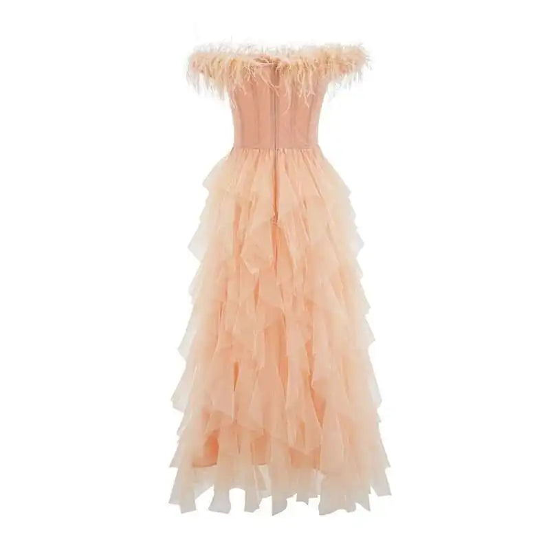 Lunivop Ruffles Edge Strapless Evening Dress Women Slash Neck Fashion Elegant Backless Puffy Dresses Female 2025 Spring New