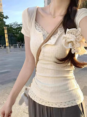 Lunivop  Fake Two Piece Floral Print Tops Mujer Summer Lace Patchwork T-shirt for Women Short Sleeve Bottoming 2025 New Tee Sirt