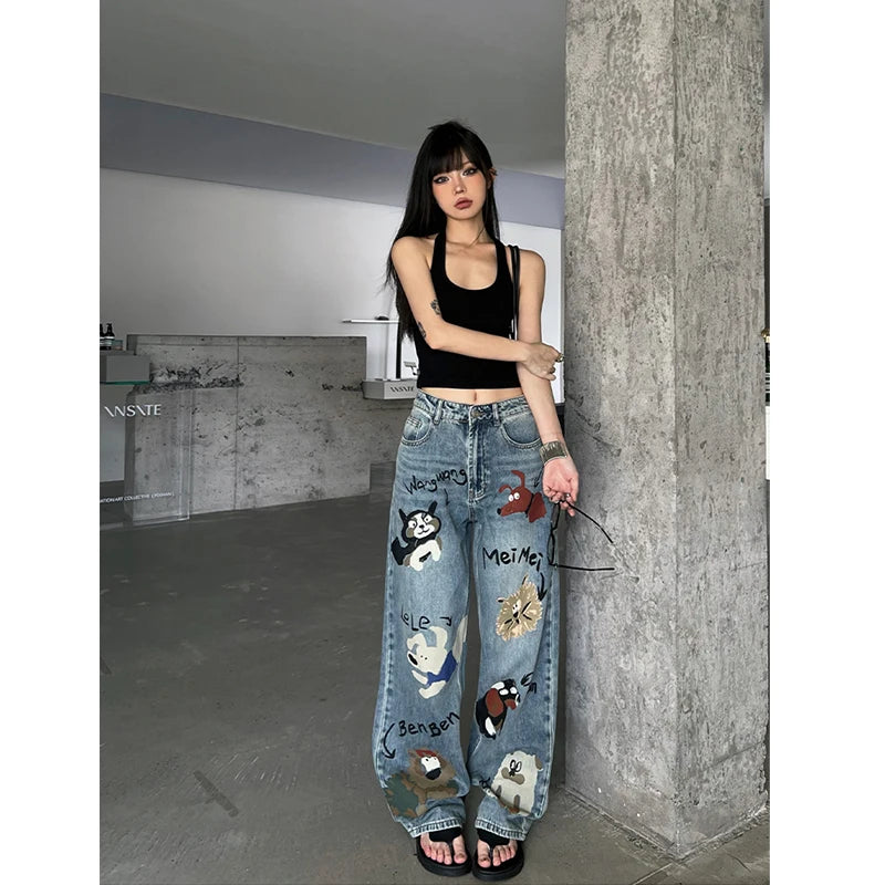 Lunivop Blue Women Jeans High Waist Fashion American Graffiti Y2K Streetwear Chic NEW Wide Leg Jean Female Trouser Baggy Denim Pants